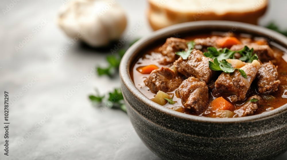 A close-up of a bowl of beef stew showcasing chunks of tender meat, carrots, and potatoes, topped with fresh herbs, accompanied by garlic and bread in the background. A close-up of a bowl of beef stew showcasing chunks of tender meat, carrots, and potatoes, topped with fresh herbs, accompanied by garlic and bread in the background.
