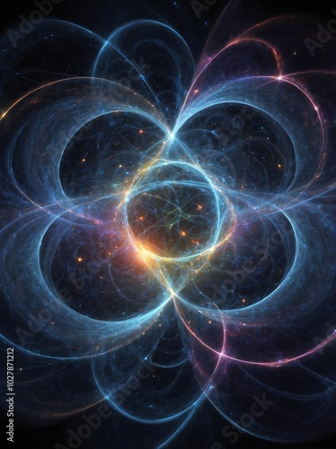 Abstract cosmic energy with intersecting glowing light loops