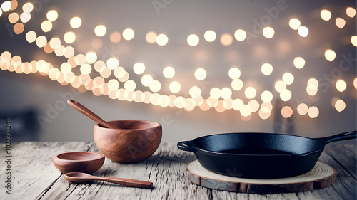 Warm wooden bowls and a black cast iron pan on a rustic table with festive lights for a cozy kitchen scene. 

