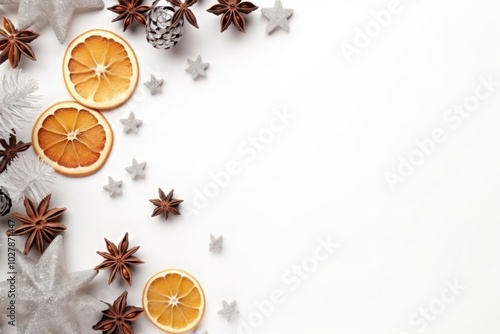Christmas decoration with spices, stars, pine cones and dried orange on white background. Flat lay, copy space.