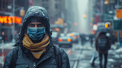 Person wearing a mask and a hooded jacket is standing in the rain. The scene is set in a city with a wet street and a few other people walking around