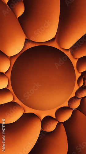 Abstract orange and brown shapes create a circular frame, perfect for minimalist design and modern branding. 
