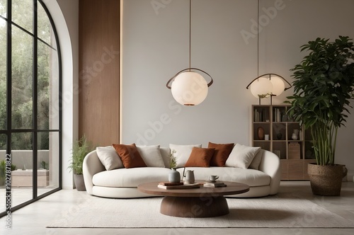Modern minimalist living room showcasing a couch, coffee table, and elegant pendant lighting.

