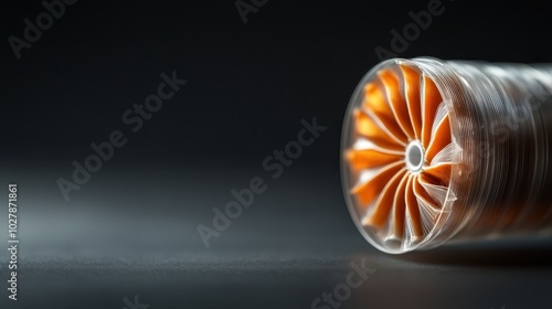 A side view of an orange engine turbine fan highlighting its well-crafted structure and dynamic lines, evoking feelings of speed and innovation against a dark backdrop.