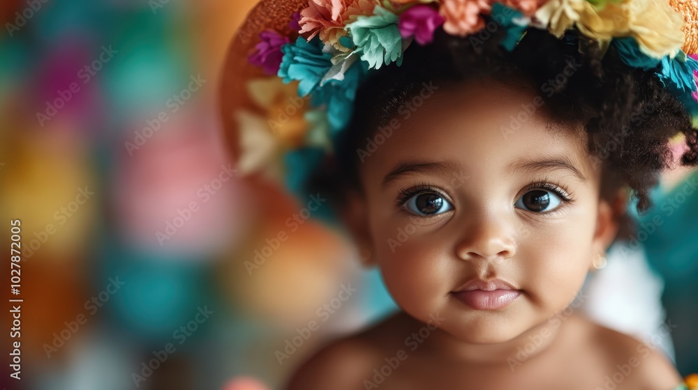 A close-up image of a child wearing a flower-covered hat, capturing their captivating eyes and delicate features against a blurred, colorful background. A close-up image of a child wearing a flower-covered hat, capturing their captivating eyes and delicate features against a blurred, colorful background.