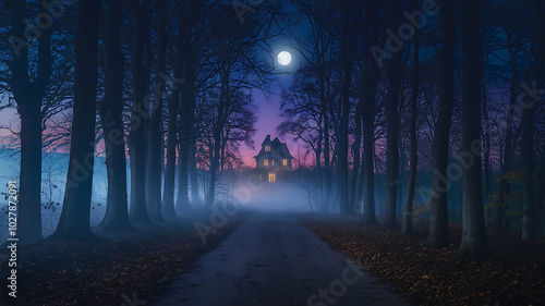 Mysterious foggy forest path leading to a glowing house with dark trees and a full moon. 
Halloween, spooky, and eerie. 
