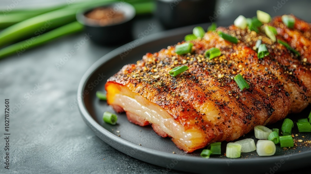 This image showcases a delectable roasted pork belly, meticulously seasoned and garnished with fresh chives, showcasing culinary expertise and artistic presentation. This image showcases a delectable roasted pork belly, meticulously seasoned and garnished with fresh chives, showcasing culinary expertise and artistic presentation.