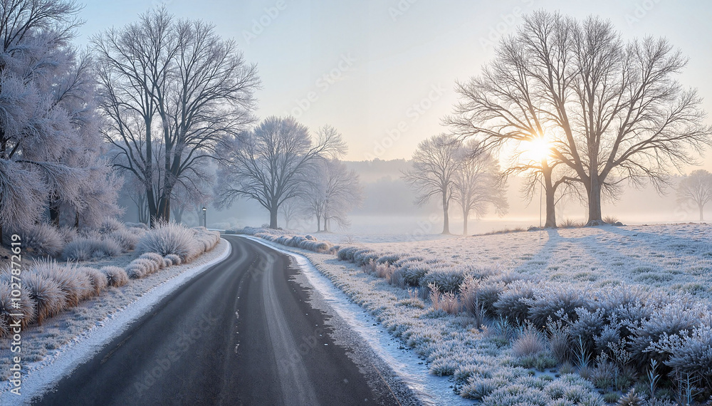 Asphalt highway among snow-covered fields at sunset, serene winter landscape Asphalt highway among snow-covered fields at sunset, serene winter landscape