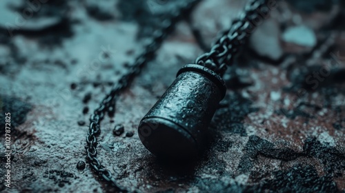 A close-up of a rustic metal cylinder pendant lying on a textured surface, showcasing intricate wear, with a metal chain as if exuding a historical aura. photo