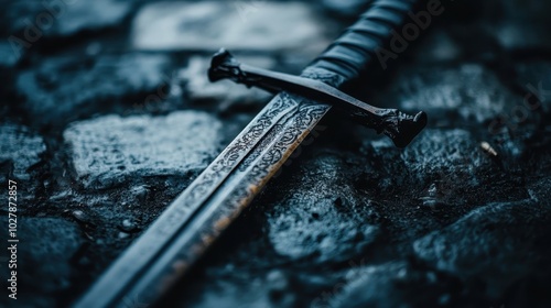 An ornate sword blade is beautifully laid down on an ancient cobblestone floor, highlighting historical artistry in the midst of enduring ruggedness and age. photo