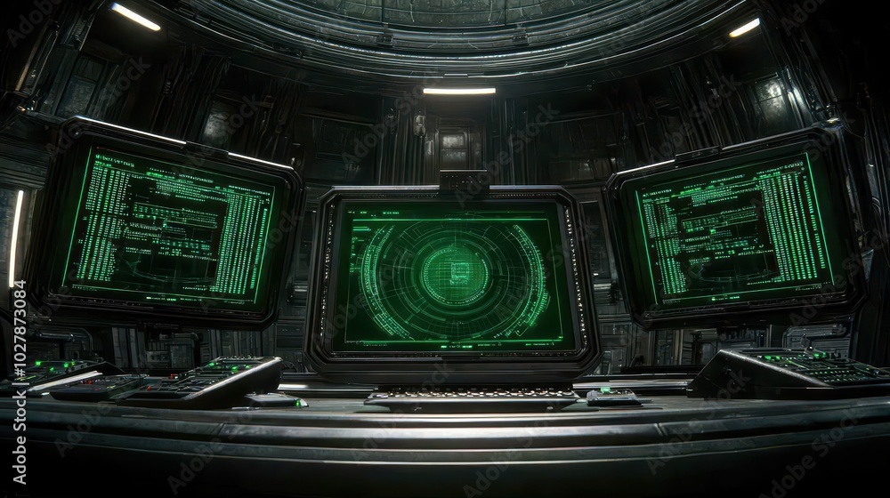 Obraz premium Futuristic control room with glowing screens and high-tech interface.
