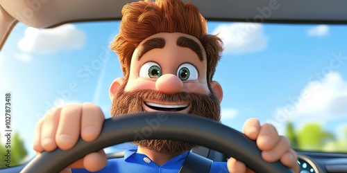 happy-looking man gripping the steering wheel of his car while driving, 3D animation style, photo