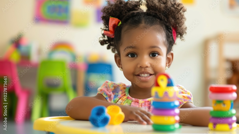 The young African American girl in daycare kindergarten surrounded by colorful toys as she beams with joy under the warm sun during a cheerful day The young African American girl in daycare kindergarten surrounded by colorful toys as she beams with joy under the warm sun during a cheerful day