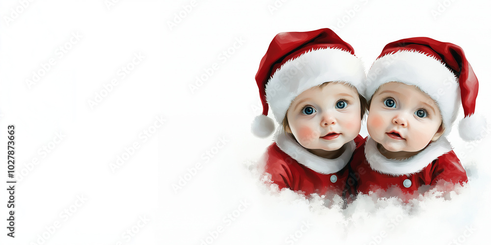 Twin babies in Santa hats on white snowy background
Twin babies in Santa hats on white snowy background