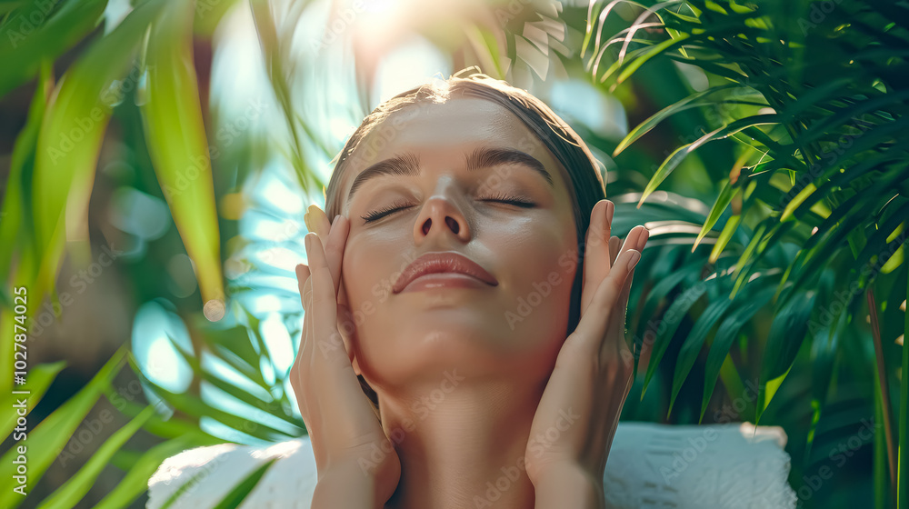 Woman is sitting in a lush green jungle, with her hands on her face. She is in a relaxed and peaceful state Woman is sitting in a lush green jungle, with her hands on her face. She is in a relaxed and peaceful state