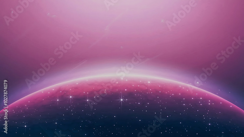 Pink planet and stars in a dreamy space scene for futuristic and science fiction designs. 
