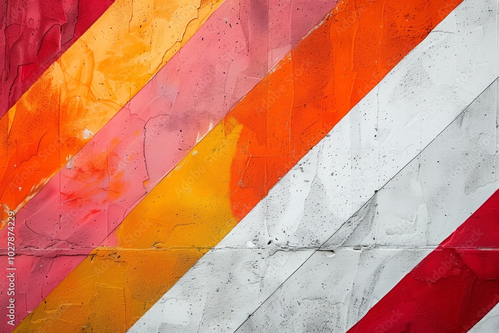 Obraz premium Abstract mural featuring diagonal stripes in vibrant red, orange, pink, yellow, and white colors with a textured, weathered surface