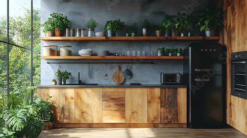 An Inviting Room Blending Rustic Charm and Contemporary Style with Wooden Cupboards and Modern Appliances