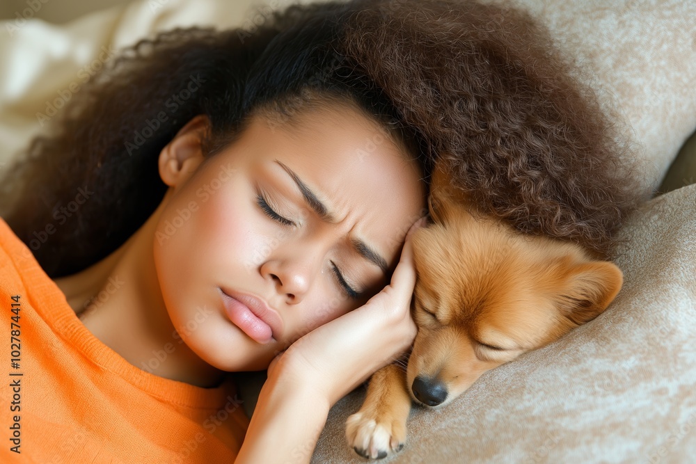 A woman lies on a sofa, holding her head in pain, with a small dog curled up beside her in a softly lit living room A woman lies on a sofa, holding her head in pain, with a small dog curled up beside her in a softly lit living room
