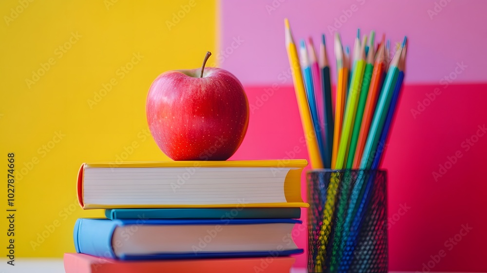 A stack of books with an apple on top, surrounded by colored pencils and school supplies against the background of a pink and yellow color block A stack of books with an apple on top, surrounded by colored pencils and school supplies against the background of a pink and yellow color block