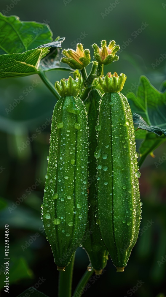 A close-up, detailed photograph captures two fresh green okra pods covered in dewdrops, hanging from a plant in a lush, vibrant garden setting A close-up, detailed photograph captures two fresh green okra pods covered in dewdrops, hanging from a plant in a lush, vibrant garden setting
