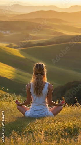 Wallpaper Mural A woman meditates in a green field during sunset, embodying mindfulness and tranquility in a minimalistic setting Torontodigital.ca
