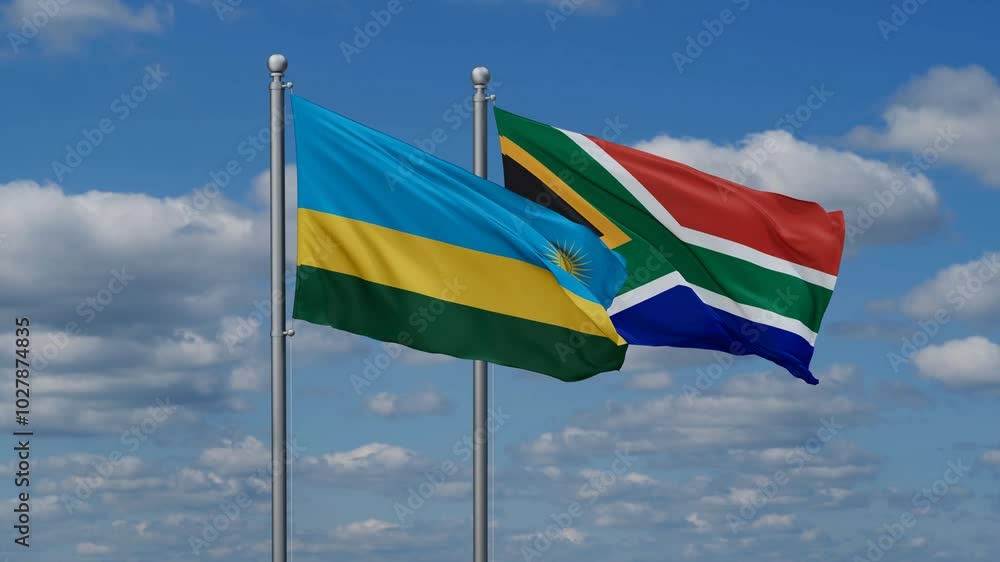 Republic of South Africa and Rwanda flags flying together, video concept of the relationship, two country cooperation concept Republic of South Africa and Rwanda flags flying together, video concept of the relationship, two country cooperation concept