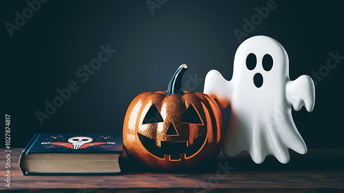 Spooky Halloween decorations with orange pumpkin and white ghost on wooden table. 
