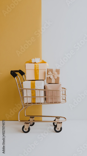 Gold shopping cart filled with gifts, yellow and white, minimalist style, festive shopping concept, Christmas joy. 
