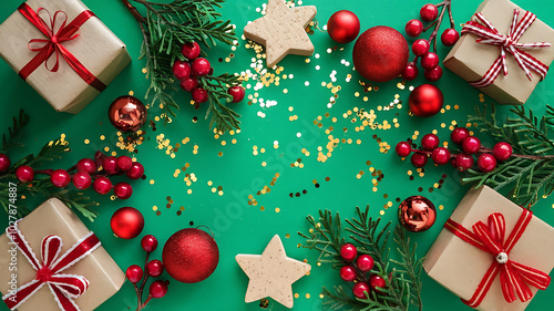 Red and brown Christmas decorations on green background, festive celebration, winter holiday joy. 
