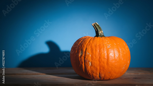 Orange pumpkin on wooden table against blue background, autumn harvest, seasonal celebration. 
