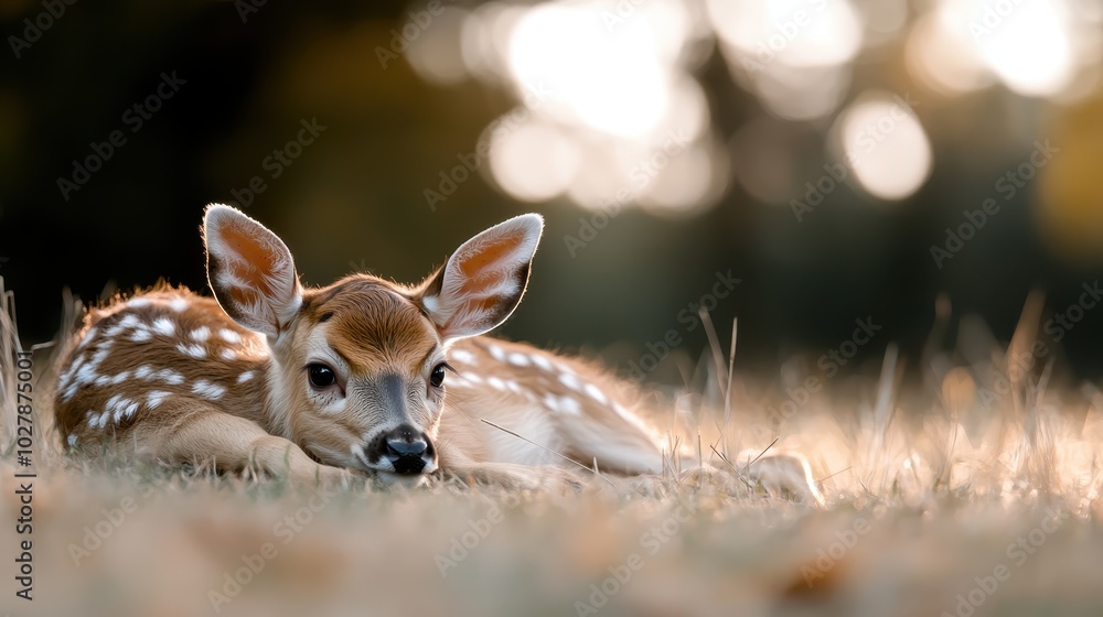 A young fawn lies peacefully on the grass, illuminated by the warm, soft glow of the afternoon sun, creating an atmosphere of tranquility and innocence.