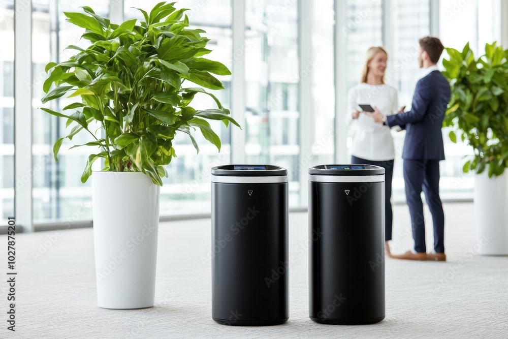 Modern office space featuring plants and waste bins, promoting a clean and green work environment. Modern office space featuring plants and waste bins, promoting a clean and green work environment.