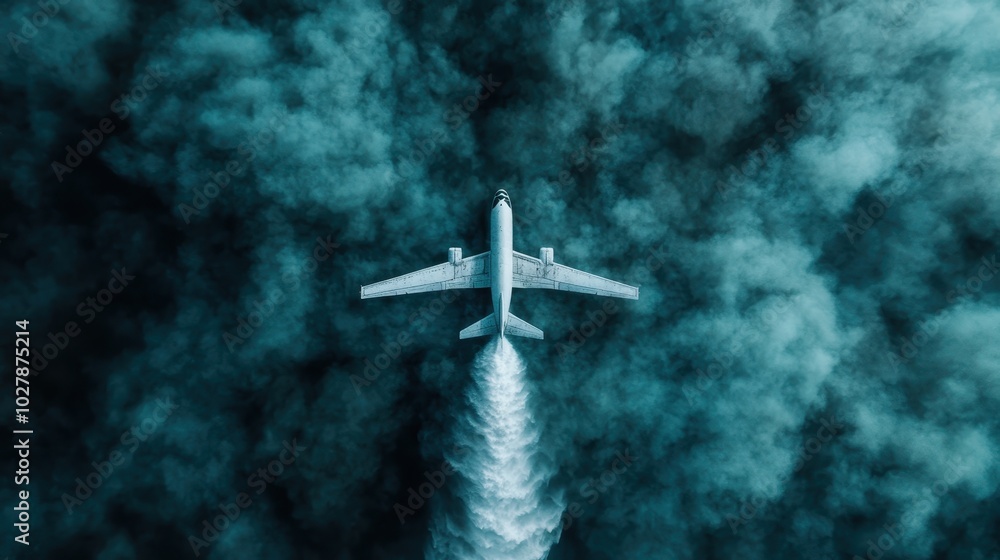 A top-down perspective of a commercial airplane cutting through dense, dramatic clouds, symbolizing discovery and the human spirit of exploration and innovation. A top-down perspective of a commercial airplane cutting through dense, dramatic clouds, symbolizing discovery and the human spirit of exploration and innovation.