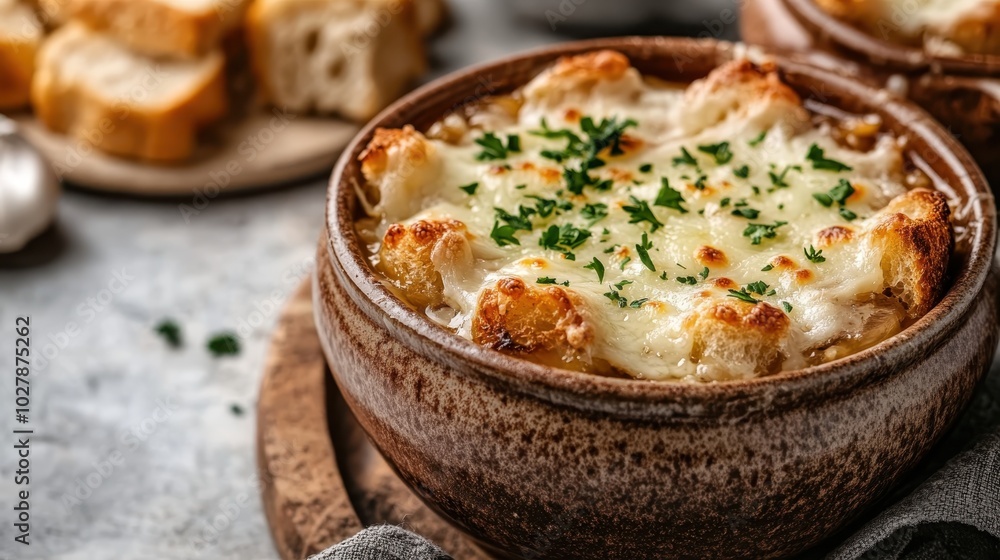 A rich French onion soup topped with melting cheese and crispy bread pieces, served in a rustic brown bowl for an authentic and hearty experience. A rich French onion soup topped with melting cheese and crispy bread pieces, served in a rustic brown bowl for an authentic and hearty experience.