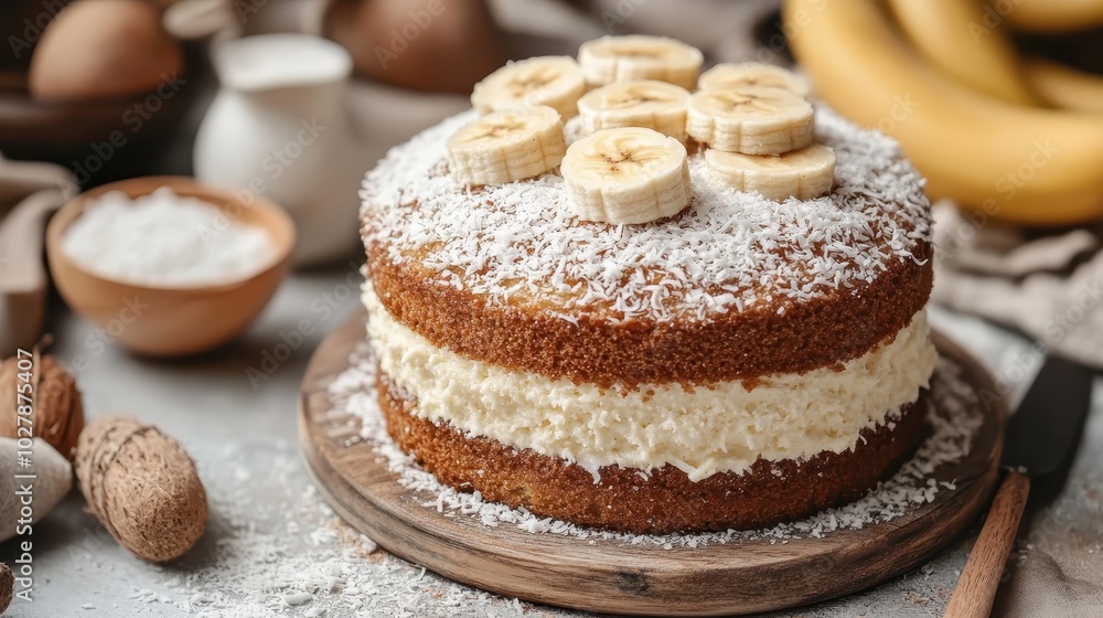 Round and creamy coconut cake topped with fresh banana slices and sprinkled with shredded coconut, almonds surrounding the cake on a rustic wooden board. Round and creamy coconut cake topped with fresh banana slices and sprinkled with shredded coconut, almonds surrounding the cake on a rustic wooden board.