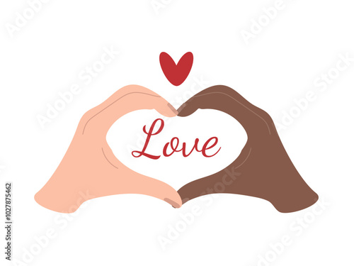 International romantic relations. Lovely couple love gesture. Hand drawn vector illustration in flat style. two hands are making love gesture with hands in white and black color with heart shape.