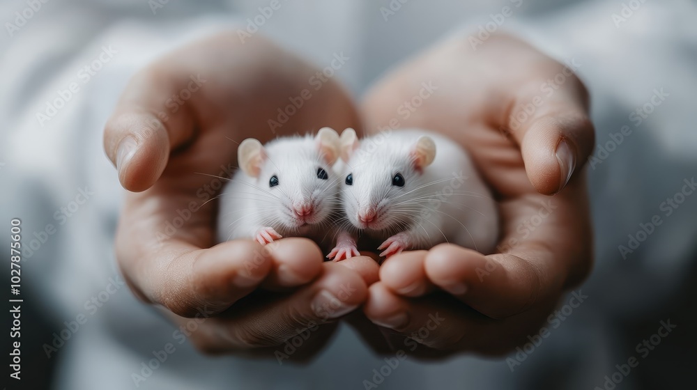 Two adorable white mice held gently in cupped hands, symbolizing trust and care with their innocent eyes and soft fur, capturing a touching bond. Two adorable white mice held gently in cupped hands, symbolizing trust and care with their innocent eyes and soft fur, capturing a touching bond.