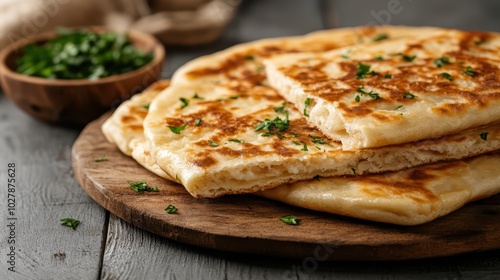 Delicious close-up of freshly baked cheese pastries, golden with crispy edges, topped with fresh parsley, resting on a wooden board with new ingredients.