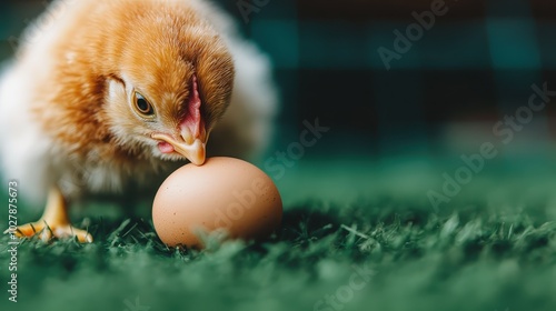 A small chick, with fluffy yellow feathers, gently nuzzles a brown egg, capturing a moment of innocence and the cyclic nature of life. photo