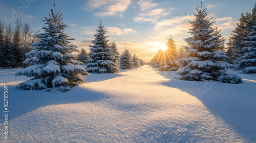 A Peaceful Winter Landscape with Decorated Spruce Trees and Enchanting Sunlight Beckons for Holiday Magic