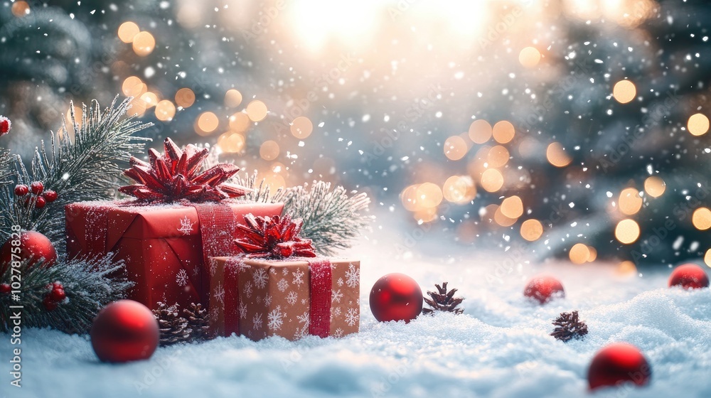 Festive Christmas Scene with Wrapped Gifts and Snowfall Festive Christmas Scene with Wrapped Gifts and Snowfall