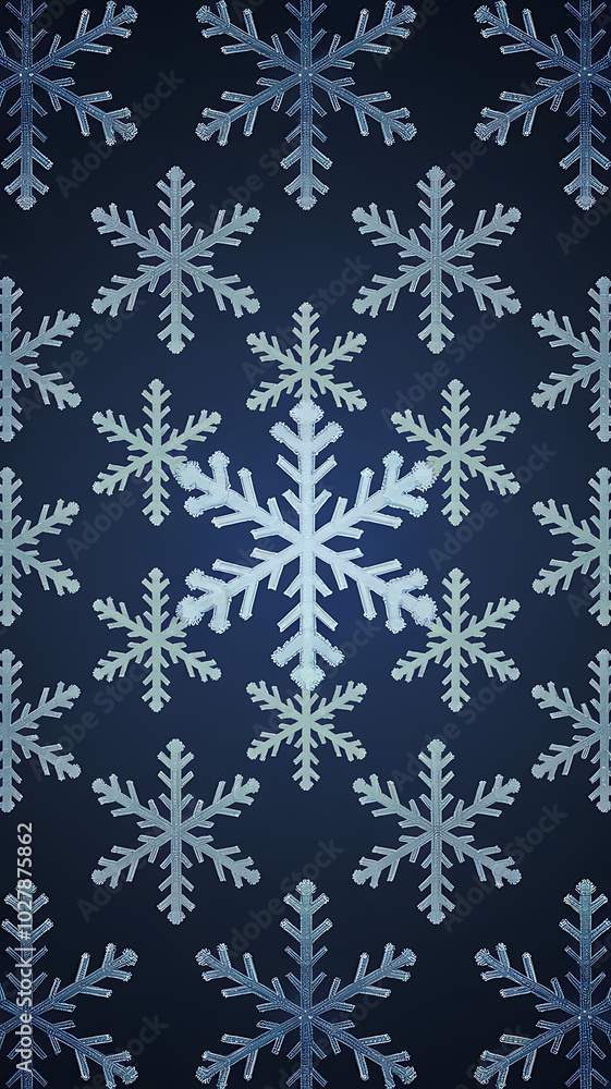 White snowflakes on a dark blue background, winter holiday design, festive and magical. 
