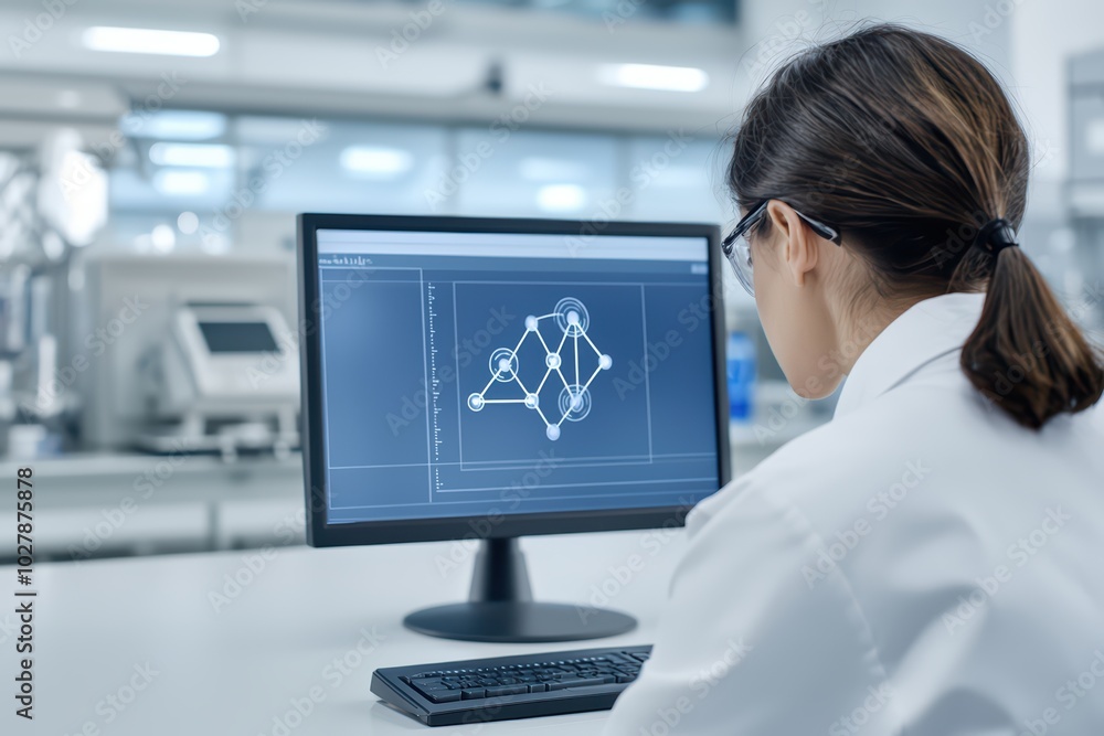 Scientist working on computer with technical designs in modern laboratory. Scientist working on computer with technical designs in modern laboratory.