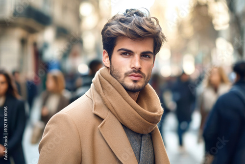 Handsome young man in a beige coat and scarf walking through a bustling city street during daylight, with people and urban scenery in the background photo