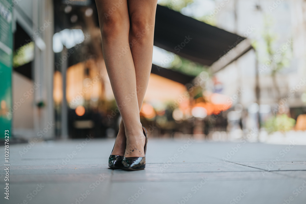 Close-up of a businesswoman wearing high heels while walking on a city sidewalk during daytime. Close-up of a businesswoman wearing high heels while walking on a city sidewalk during daytime.