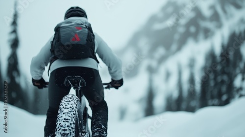 A cyclist rides on a snow-covered path with a mountainous background, clad in cycling gear, conveying a sense of adventure, determination, and mountain exploration. photo