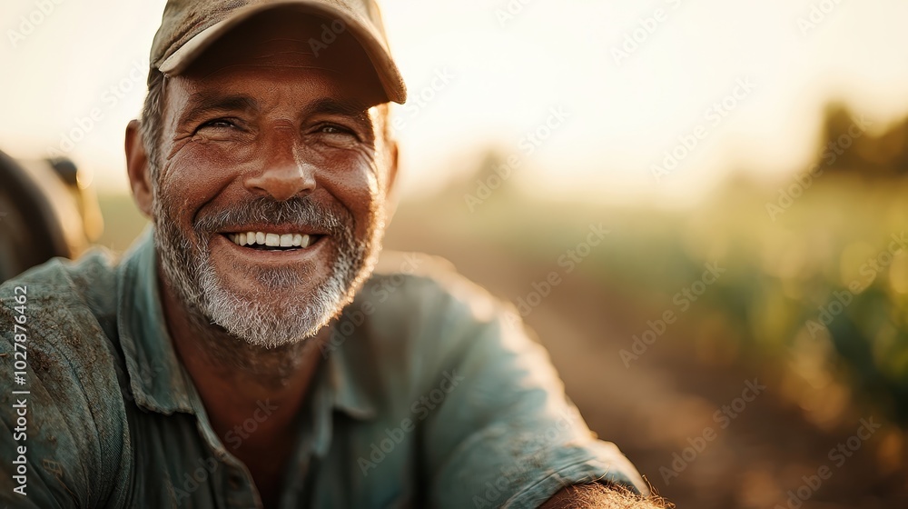 A cheerful farmer with a rugged appearance smiles warmly while standing against the beautiful backdrop of a field illuminated by the golden hues of sunset. A cheerful farmer with a rugged appearance smiles warmly while standing against the beautiful backdrop of a field illuminated by the golden hues of sunset.