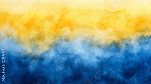 Abstract watercolor brush strokes in blue and yellow, summer feel, paper texture