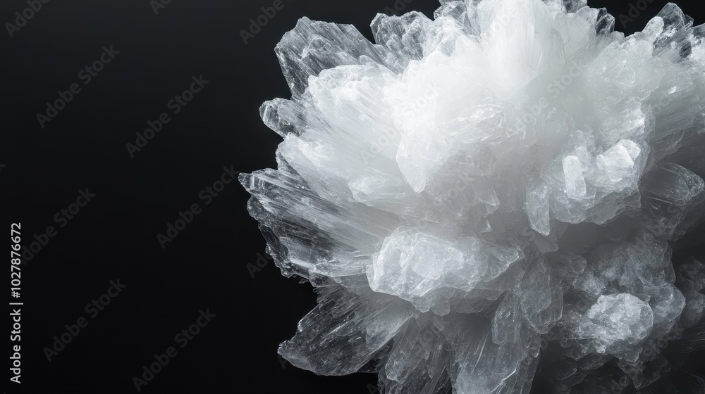An intricate white crystal formation displayed against a dark background, showcasing the beauty and elegance of natural crystal structures in close-up detail. An intricate white crystal formation displayed against a dark background, showcasing the beauty and elegance of natural crystal structures in close-up detail.